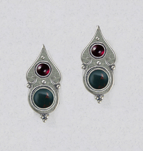 Sterling Silver Gothic Look Post Stud Earrings With Bloodstone And Garnet